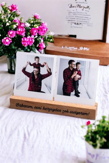 Babaya Hediye 2 Fotoğraflı Ahşap Stand