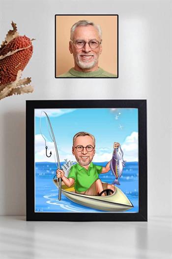 Balık Tutanlara Hediye Olta Tasarımlı Karikatürlü Kare Çerçeve