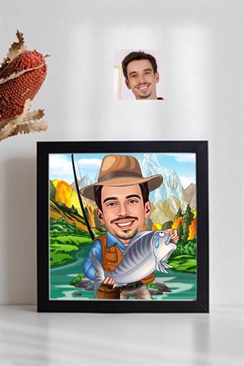 Balıkçı Erkek Karikatürlü Kare Çerçeve