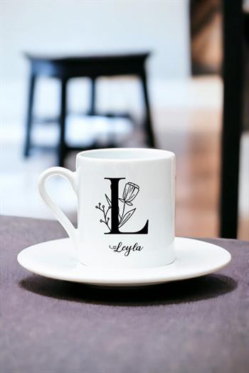 Baş Harfli Çiçek Tasarım Beyaz Türk Kahvesi Fincanı