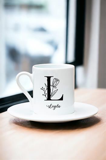 Baş Harfli Çiçek Tasarım Beyaz Türk Kahvesi Fincanı