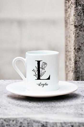 Baş Harfli Çiçek Tasarım Beyaz Türk Kahvesi Fincanı