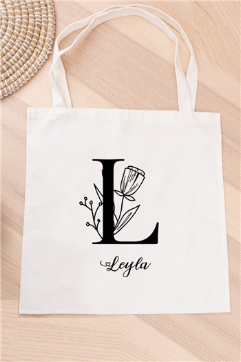 Baş Harfli Çiçek Tasarım Bez Çanta