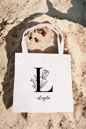 Baş Harfli Çiçek Tasarım Bez Çanta