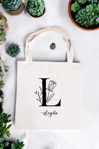 Baş Harfli Çiçek Tasarım Bez Çanta