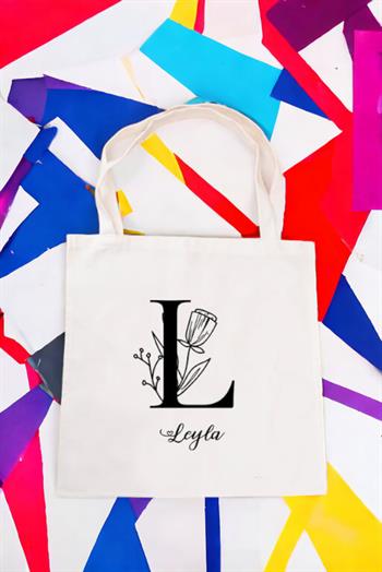 Baş Harfli Çiçek Tasarım Bez Çanta