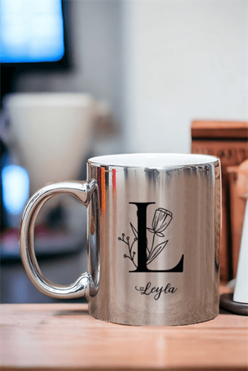 Baş Harfli Çiçek Tasarım Gold - Silver Kupa Bardak