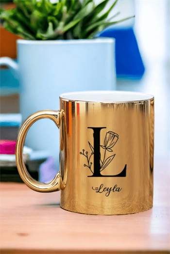 Baş Harfli Çiçek Tasarım Gold - Silver Kupa Bardak