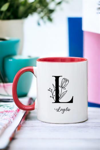 Baş Harfli Çiçek Tasarım İçi Renkli Kupa Bardak