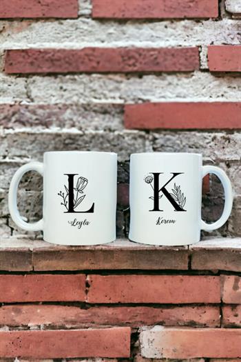 Baş Harfli Çiçek Tasarım İkili Beyaz Kupa Bardak