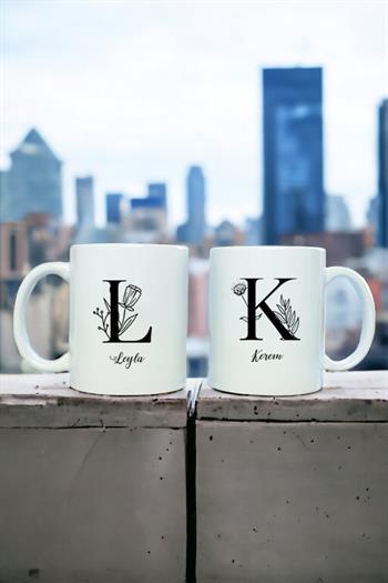 Baş Harfli Çiçek Tasarım İkili Beyaz Kupa Bardak