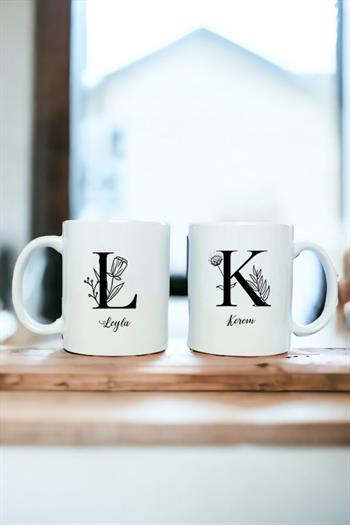 Baş Harfli Çiçek Tasarım İkili Beyaz Kupa Bardak