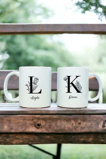 Baş Harfli Çiçek Tasarım İkili Beyaz Kupa Bardak