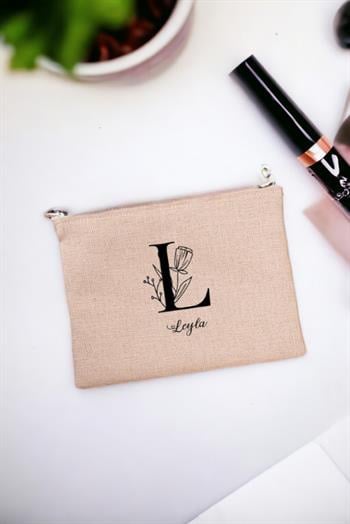 Baş Harfli Çiçek Tasarım Keten Bez El Çantası