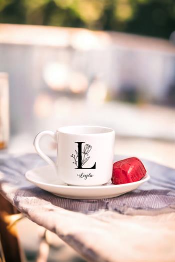 Baş Harfli Çiçek Tasarım Porselen Türk Kahvesi Fincanı