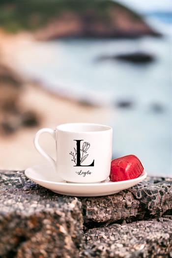 Baş Harfli Çiçek Tasarım Porselen Türk Kahvesi Fincanı