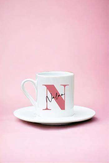 Baş Harfli Üzeri İsim Yazılı Beyaz Türk Kahvesi Fincanı
