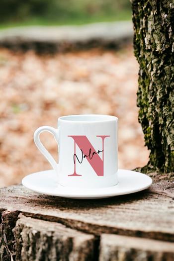 Baş Harfli Üzeri İsim Yazılı Beyaz Türk Kahvesi Fincanı