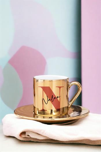 Baş Harfli Üzeri İsim Yazılı Gold - Silver Türk Kahvesi Fincanı