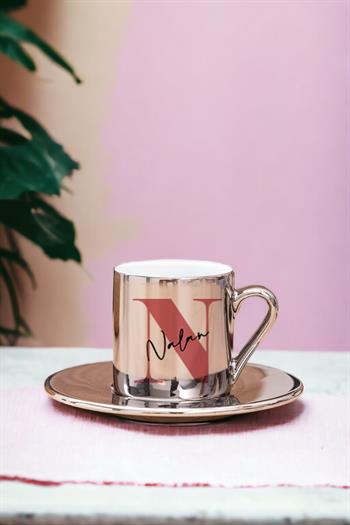 Baş Harfli Üzeri İsim Yazılı Gold - Silver Türk Kahvesi Fincanı