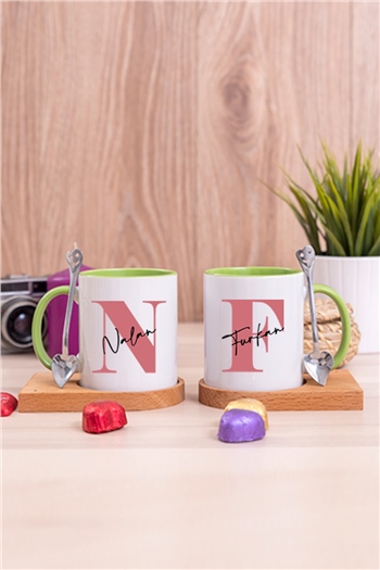 Baş Harfli Üzeri İsim Yazılı İkili Ahşap Altlıklı İçi Renkli Kupa Bardak