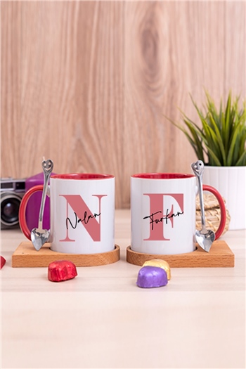 Baş Harfli Üzeri İsim Yazılı İkili Ahşap Altlıklı İçi Renkli Kupa Bardak
