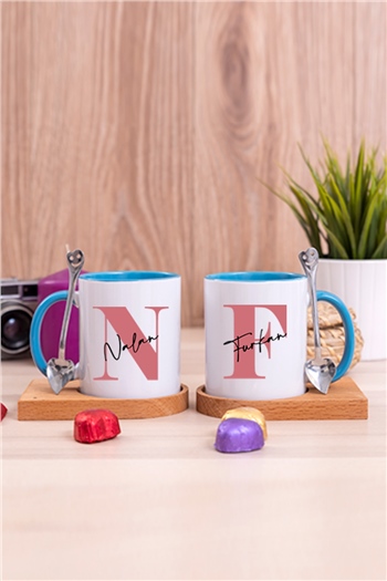 Baş Harfli Üzeri İsim Yazılı İkili Ahşap Altlıklı İçi Renkli Kupa Bardak
