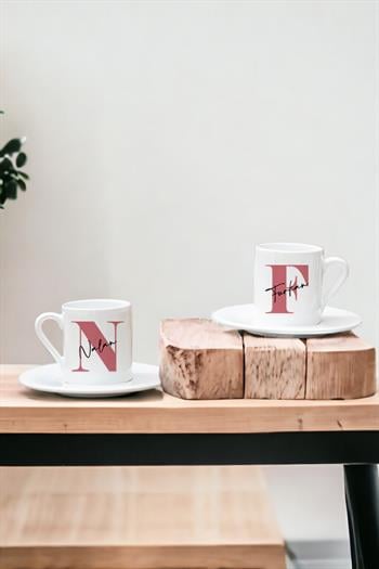 Baş Harfli Üzeri İsim Yazılı İkili Beyaz Türk Kahvesi Fincanı