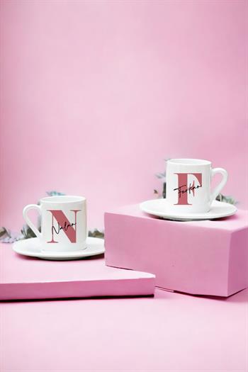 Baş Harfli Üzeri İsim Yazılı İkili Beyaz Türk Kahvesi Fincanı