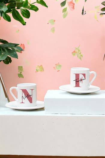 Baş Harfli Üzeri İsim Yazılı İkili Beyaz Türk Kahvesi Fincanı