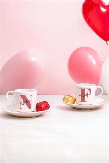 Baş Harfli Üzeri İsim Yazılı İkili Porselen Türk Kahvesi Fincanı