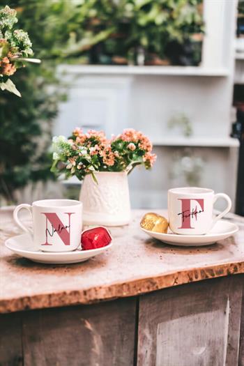 Baş Harfli Üzeri İsim Yazılı İkili Porselen Türk Kahvesi Fincanı