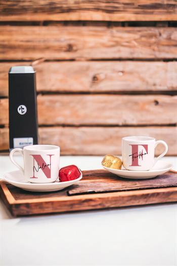 Baş Harfli Üzeri İsim Yazılı İkili Porselen Türk Kahvesi Fincanı