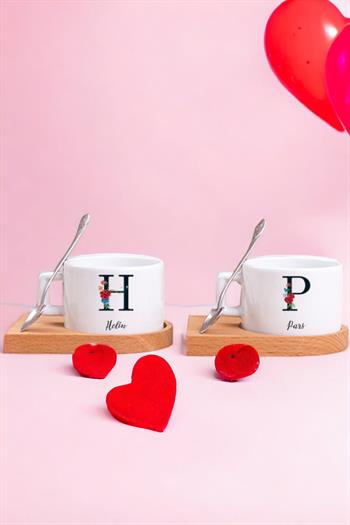 Baş Harfli ve İsimli Ahşap Altlıklı İkili Fincan