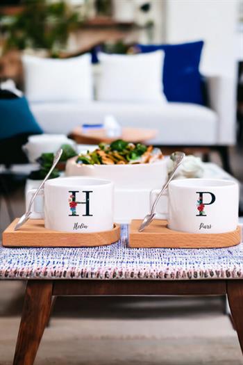 Baş Harfli ve İsimli Ahşap Altlıklı İkili Fincan