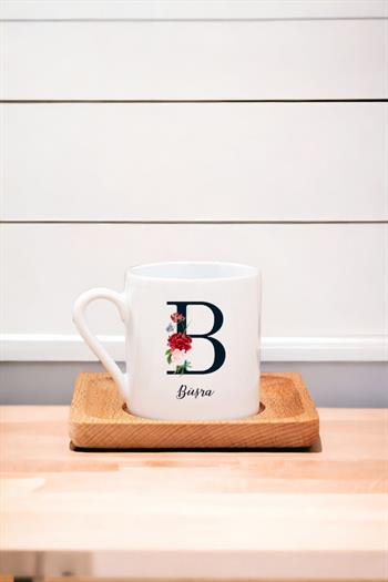Baş Harfli ve İsimli Ahşap Altlıklı Türk Kahvesi Fincanı