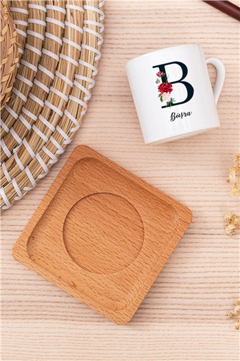 Baş Harfli ve İsimli Ahşap Altlıklı Türk Kahvesi Fincanı