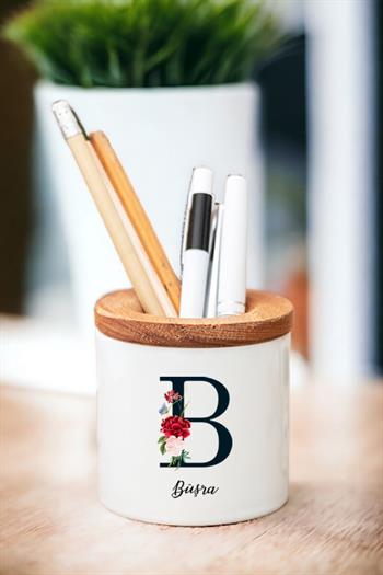 Baş Harfli ve İsimli Ahşap Kapaklı Kalemlik