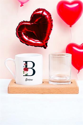 Baş Harfli ve İsimli Ahşap Sunumlu Türk Kahvesi Fincanı