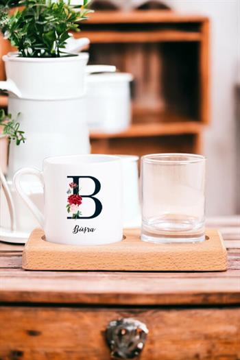 Baş Harfli ve İsimli Ahşap Sunumlu Türk Kahvesi Fincanı