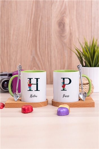 Baş Harfli ve İsimli İkili Ahşap Altlıklı İçi Renkli Kupa Bardak
