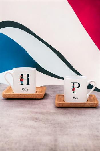 Baş Harfli ve İsimli İkili Ahşap Altlıklı Türk Kahvesi Fincanı