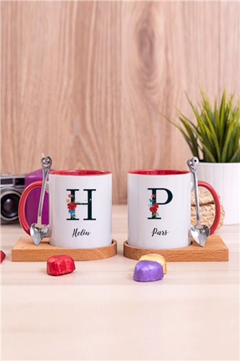 Baş Harfli ve İsimli İkili Ahşap Altlıklı İçi Renkli Kupa Bardak