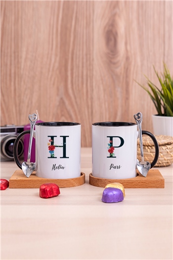 Baş Harfli ve İsimli İkili Ahşap Altlıklı İçi Renkli Kupa Bardak