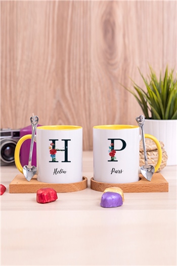 Baş Harfli ve İsimli İkili Ahşap Altlıklı İçi Renkli Kupa Bardak
