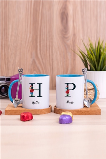 Baş Harfli ve İsimli İkili Ahşap Altlıklı İçi Renkli Kupa Bardak