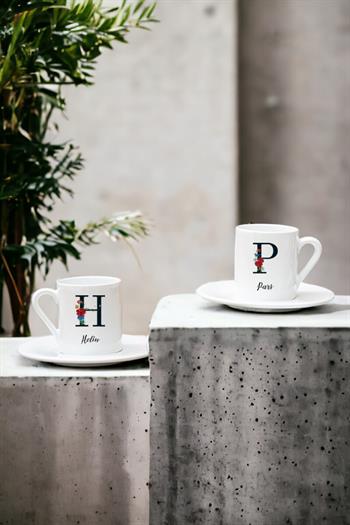 Baş Harfli ve İsimli İkili Beyaz Türk Kahvesi Fincanı