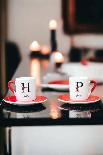 Baş Harfli ve İsimli İkili Kırmızı Türk Kahvesi Fincanı