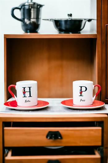 Baş Harfli ve İsimli İkili Kırmızı Türk Kahvesi Fincanı