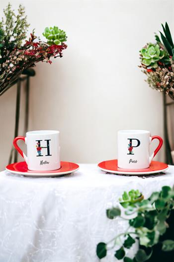 Baş Harfli ve İsimli İkili Kırmızı Türk Kahvesi Fincanı